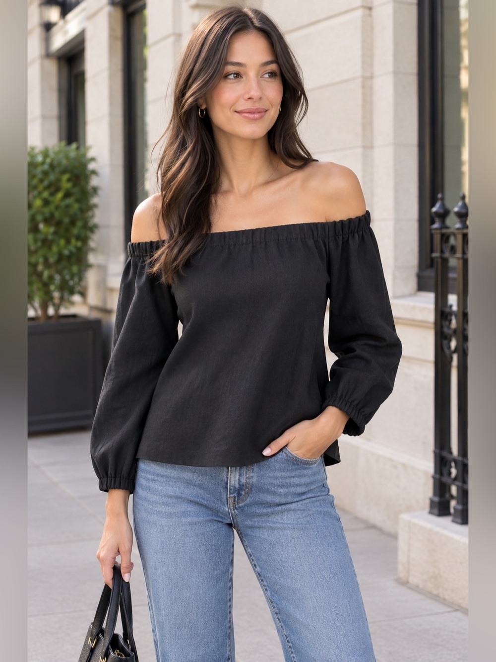 Babaton Rodrigo Women’s Black Off-Shoulder Blouse quater sleeves
